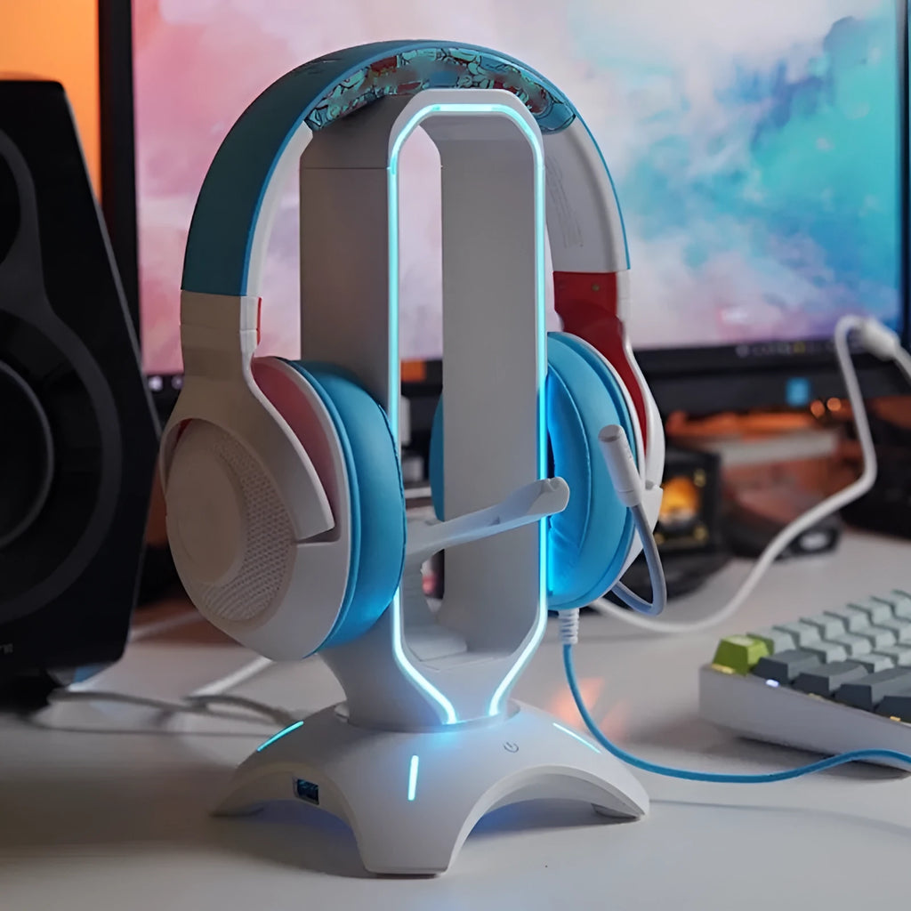 RGB gaming headphone stand in black with headset, measures 252.5x128.5x128.5mm