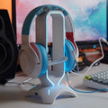 RGB gaming headphone stand in black with headset, measures 252.5x128.5x128.5mm