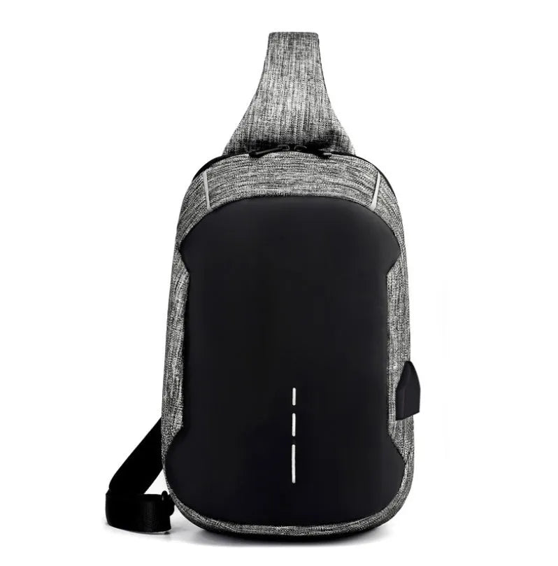 Dark blue Oxford cloth waterproof chest bag with zip and adjustable strap, shown on a person's chest.