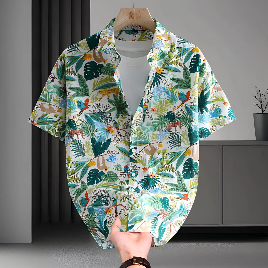 Men's short sleeve casual shirt with colourful floral print on cotton fabric, shown in a cardigan style.