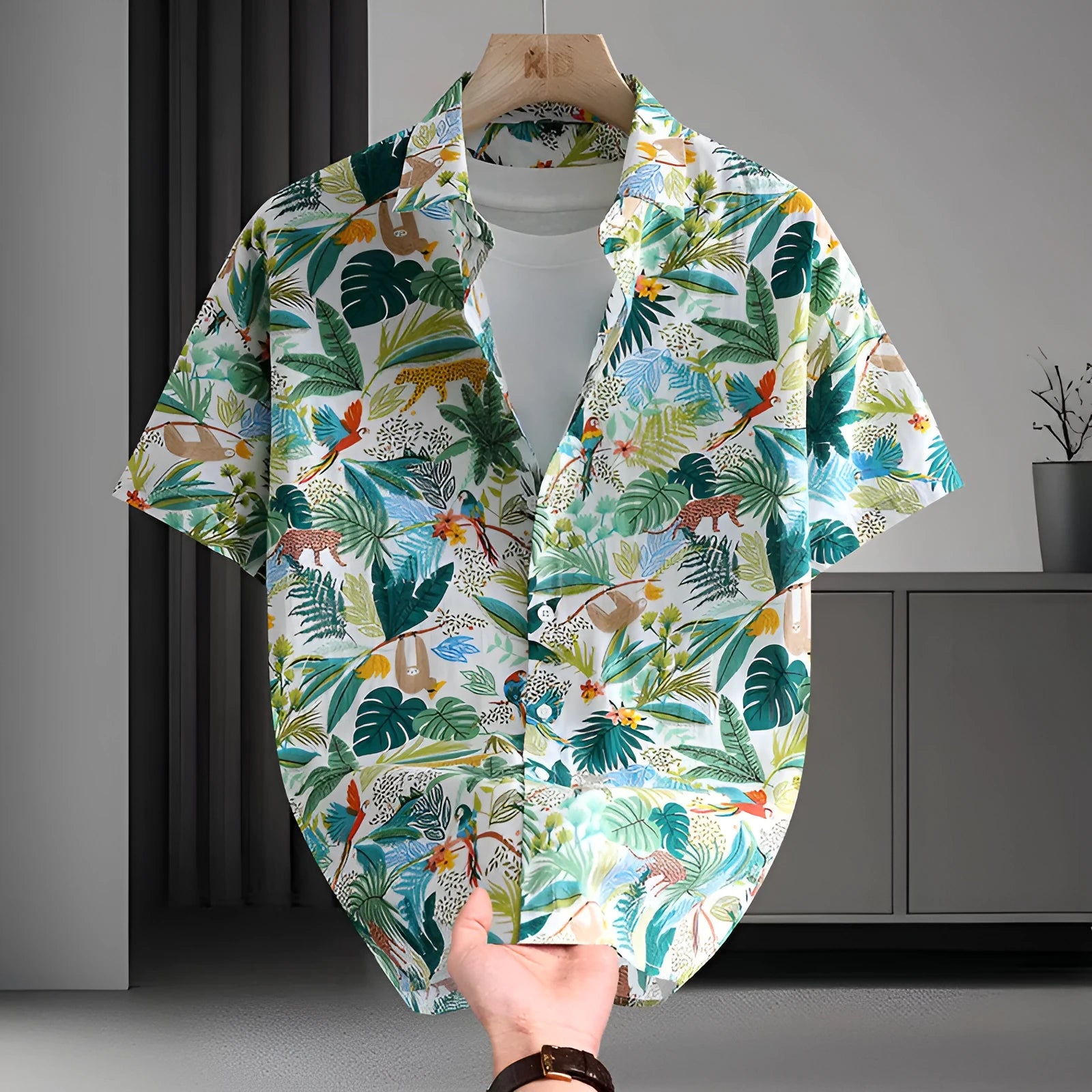 Men's short sleeve casual shirt with colourful floral print on cotton fabric, shown in a cardigan style.