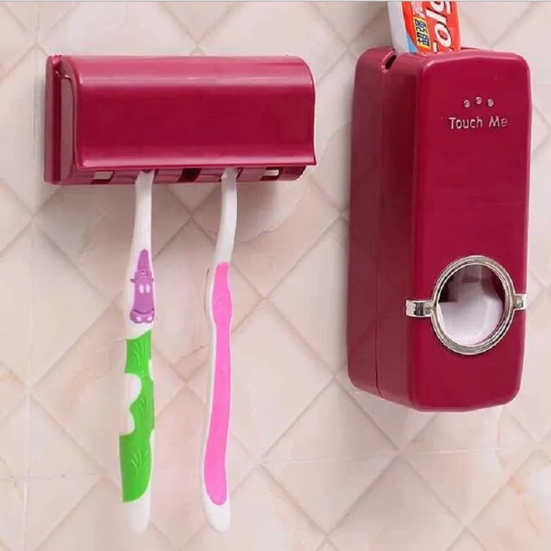 Bathroom accessories set with plastic toothbrush holder and silicone toothpaste pump in white or wine red colours