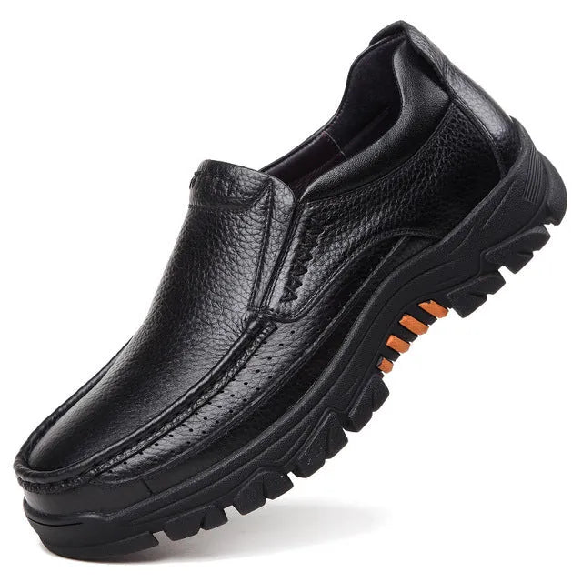 Men's black cowhide leather slip-on business casual shoes with a rubber sole