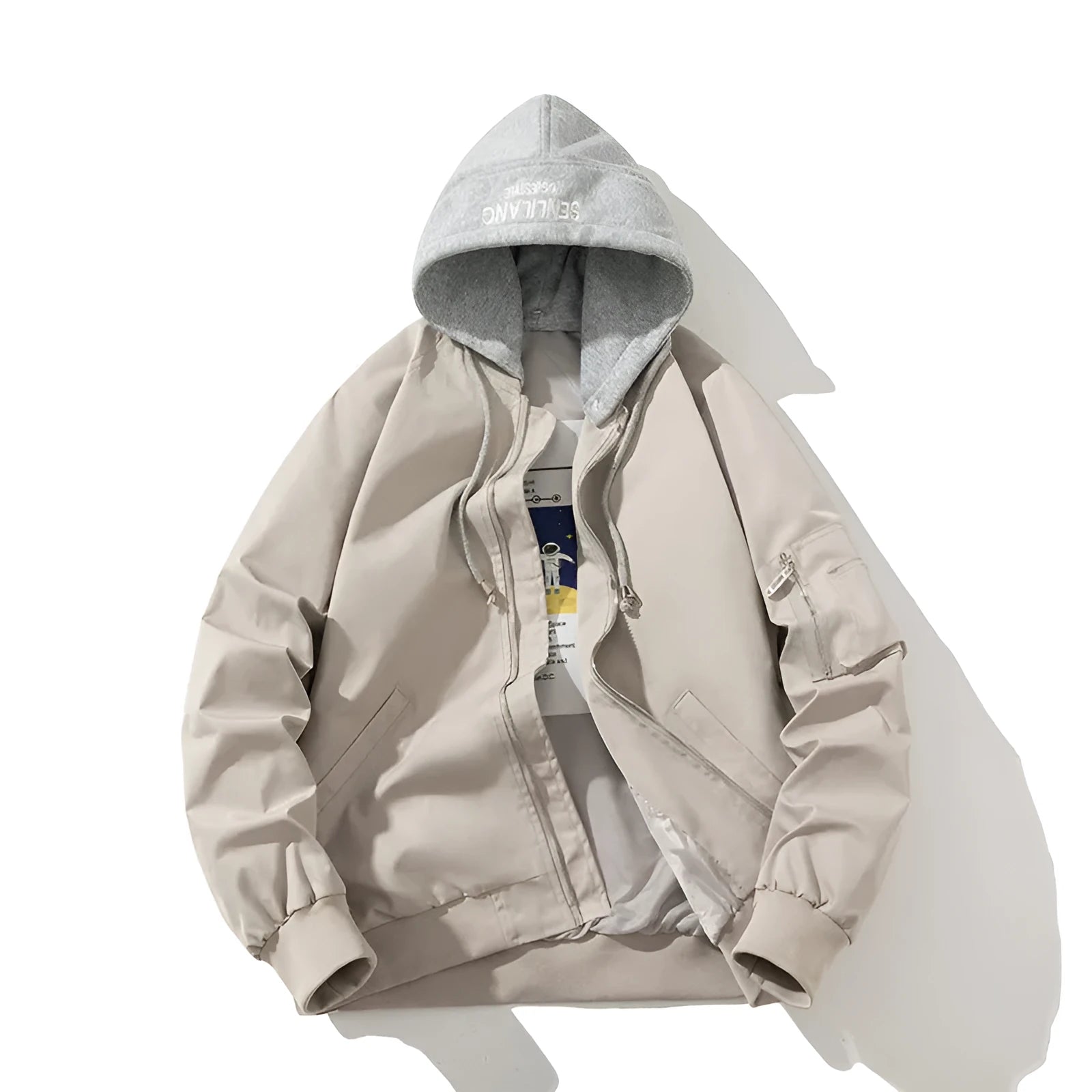Loose-fitting black pilot jacket for plus-size wearers shown on a hanger.