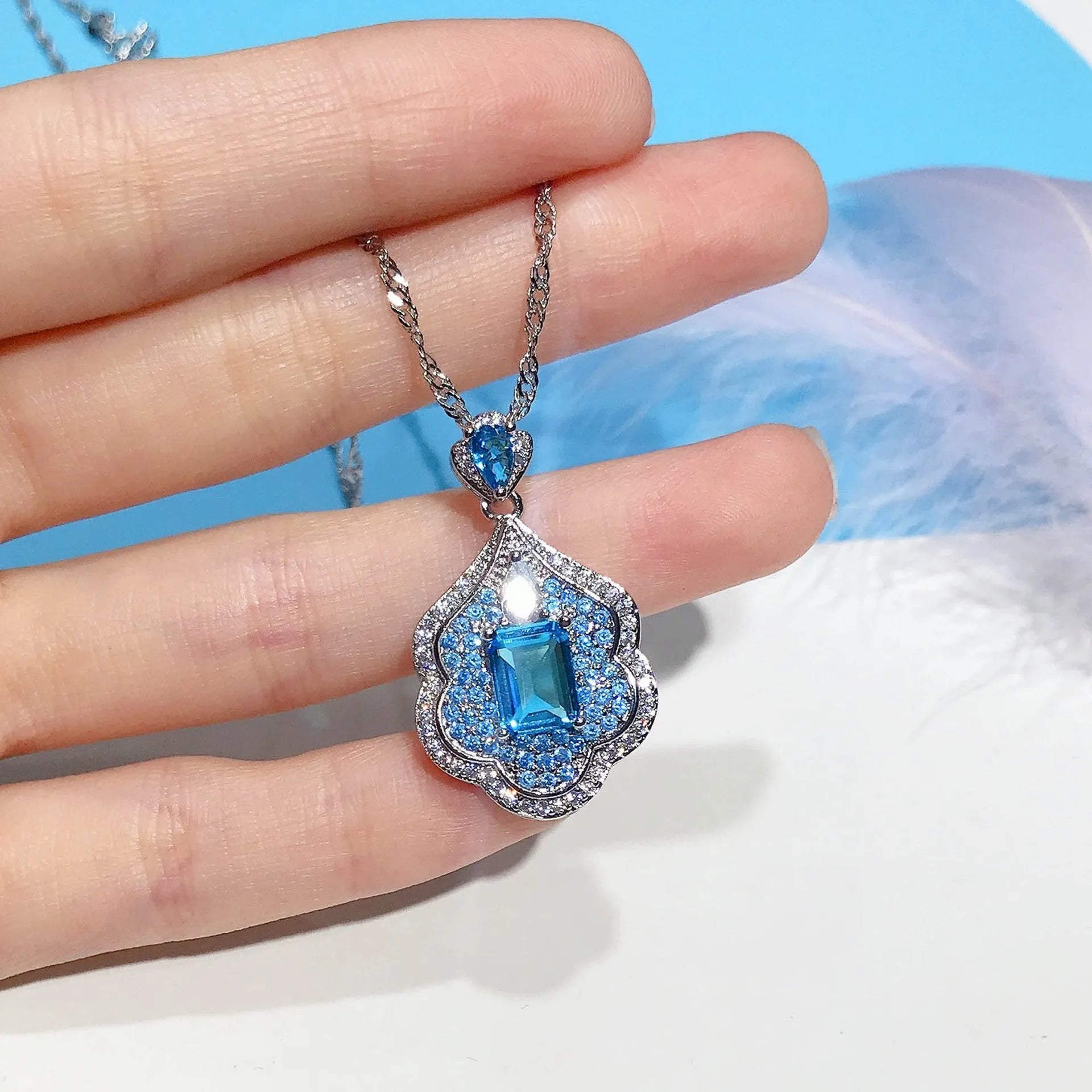 Sea blue geometric copper pendant with aquamarine mirror finish for jewellery making