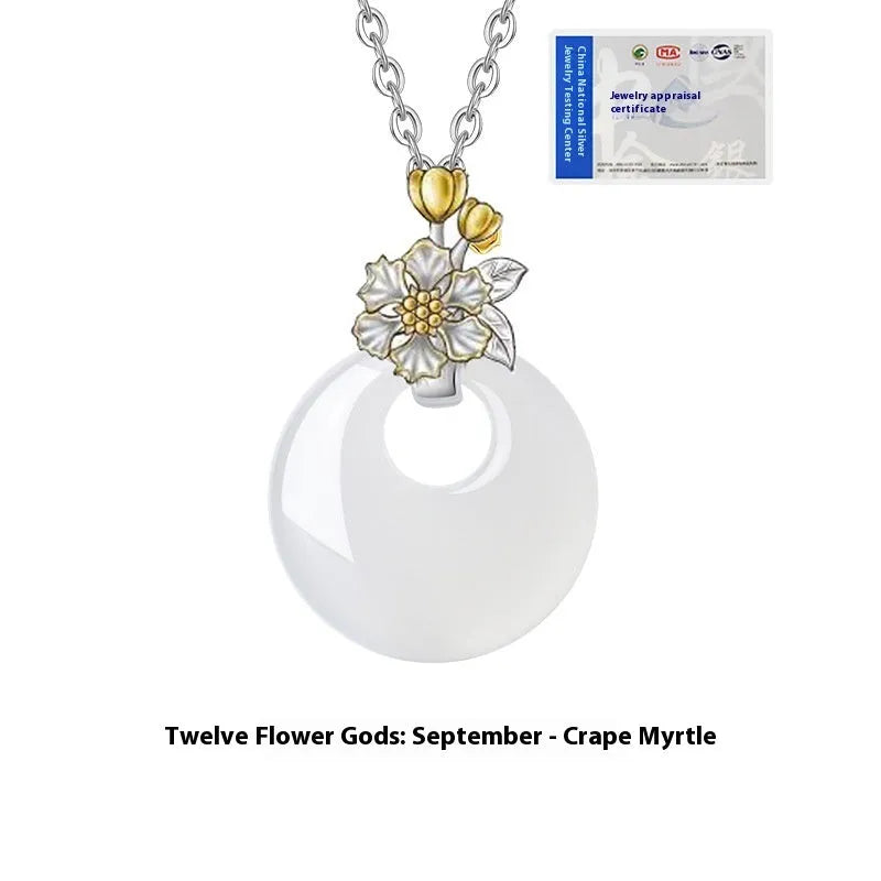 White chalcedony flower pendant necklace in S925 silver with peace buckle, shown in a choice of 12 floral styles
