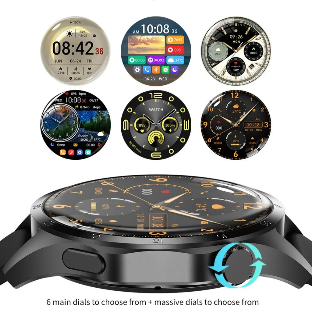 Black Bluetooth smartwatch with touch screen showing health stats, on silicone or Milan net strap.