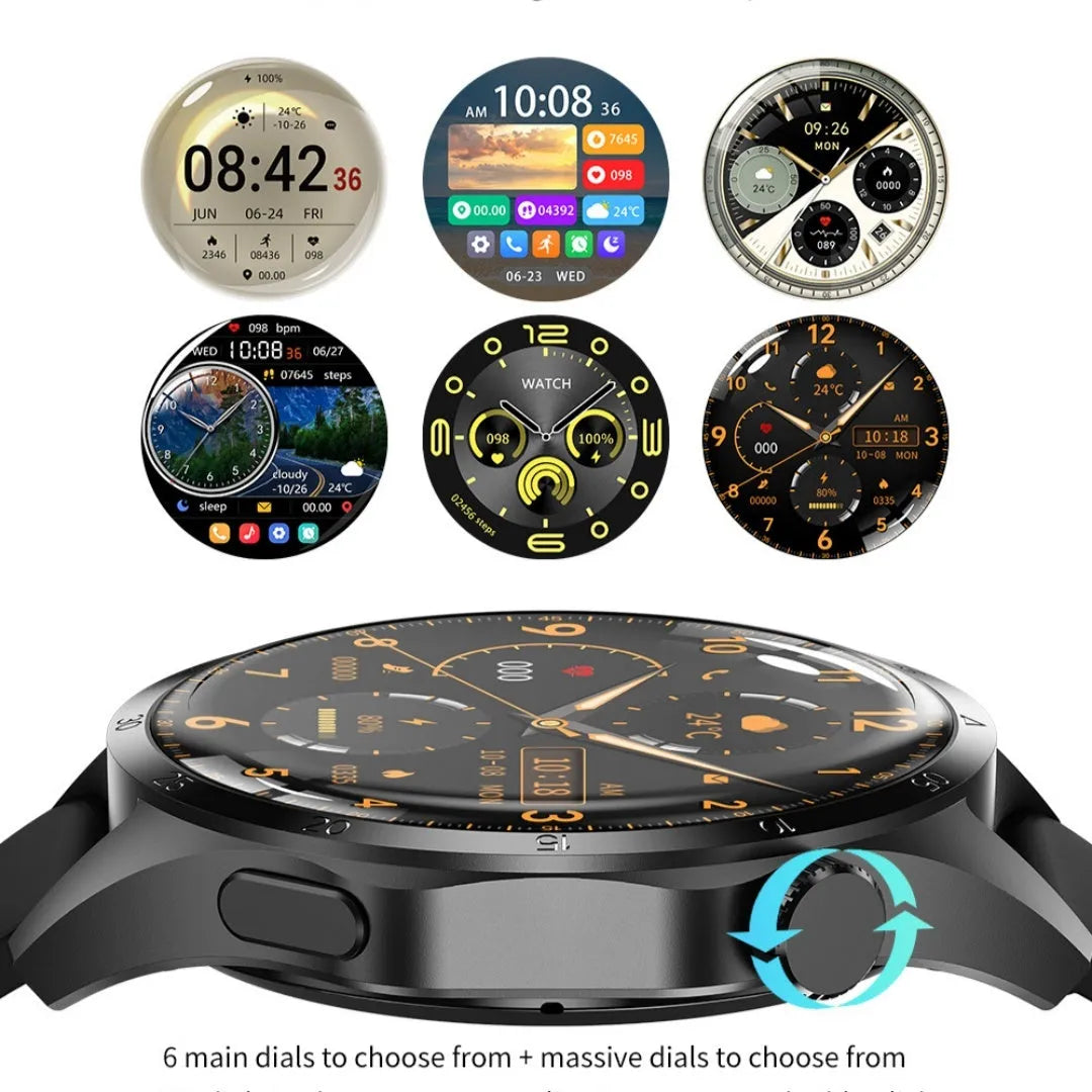 Black Bluetooth smartwatch with touch screen showing health stats, on silicone or Milan net strap.