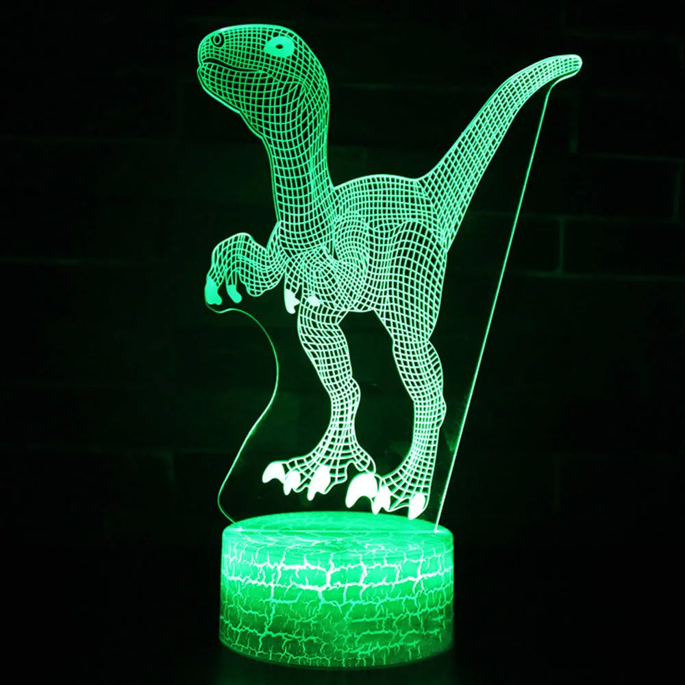 Colourful dinosaur 3D LED night light with touch controls on a compact ABS base.