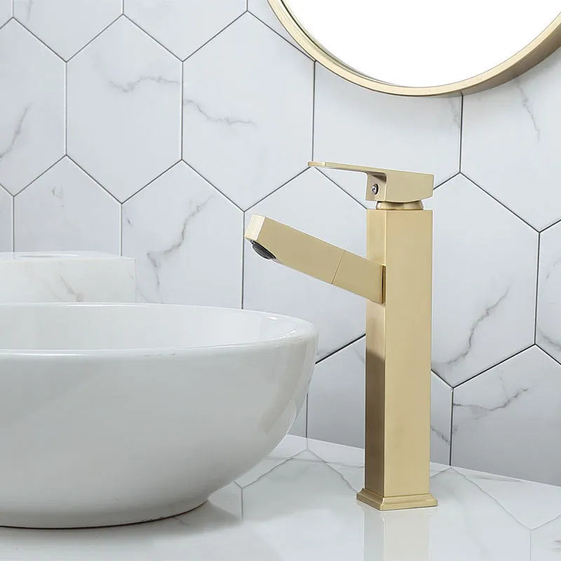 Brass square pull faucet with brushed gold electroplated finish and high low spout options