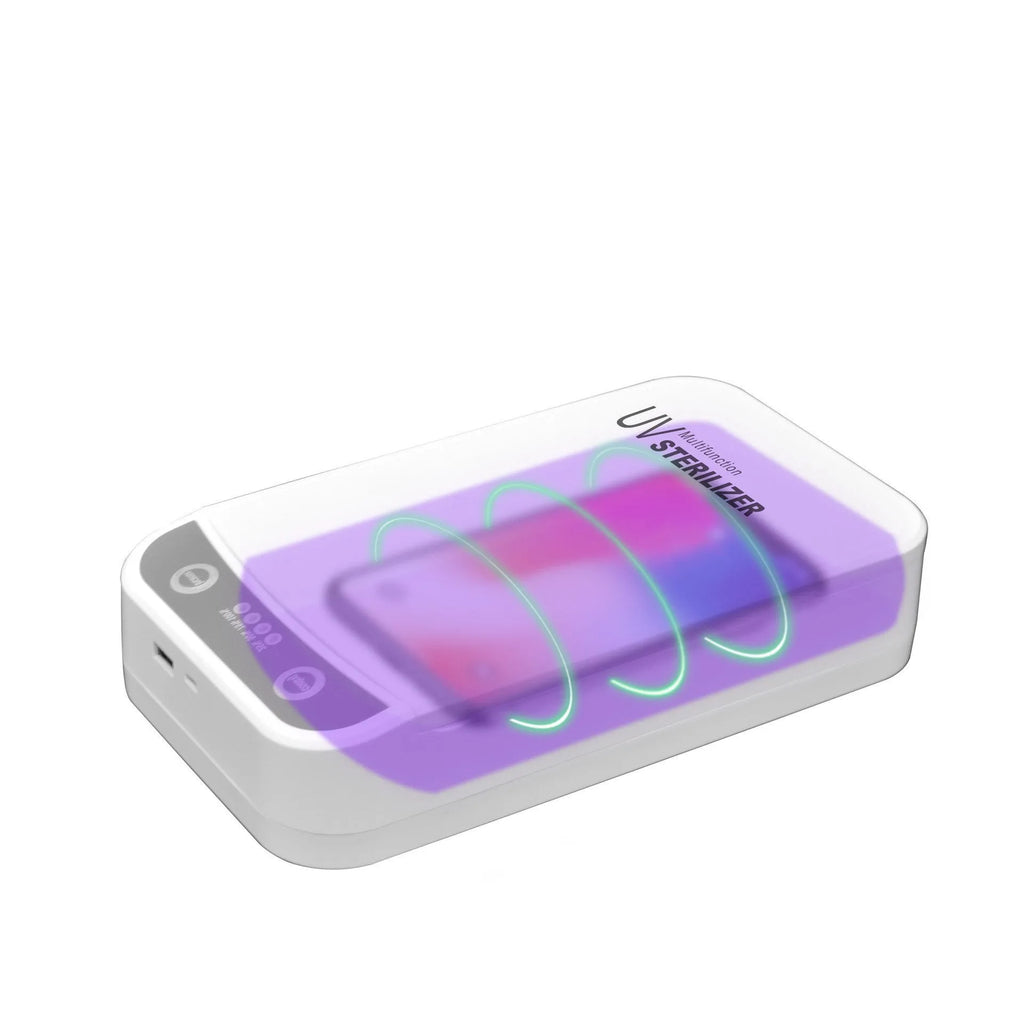 UV disinfection box with internal chamber for phones up to 6.5 inches, showing USB ports.