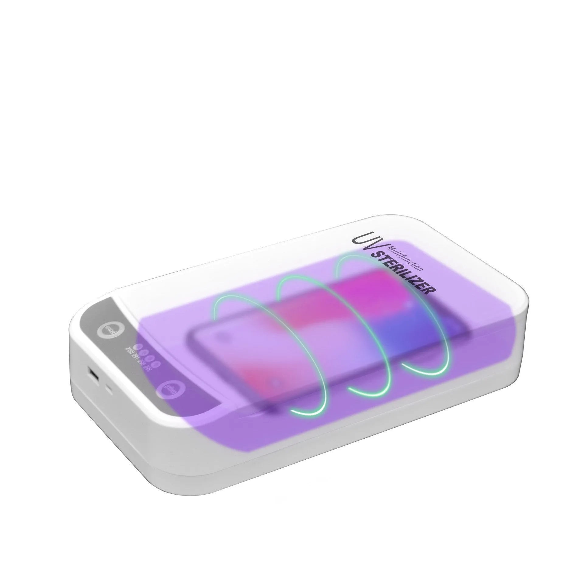 UV disinfection box with internal chamber for phones up to 6.5 inches, showing USB ports.