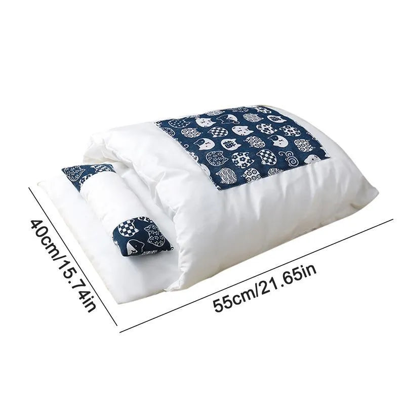Grey cushioned pet bed house with a removable inner sleeping bag and a built-in pillow for cats and dogs.
