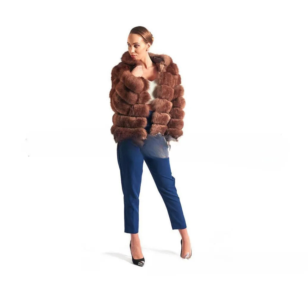 Women's loose artificial fur coat with detachable hood in street fashion style.