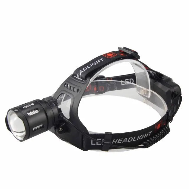 USB rechargeable LED head torch with P50 or P70 bulb, head zoom, IPX5 waterproof rating, aluminium alloy and ABS body, and anti-slip headband.
