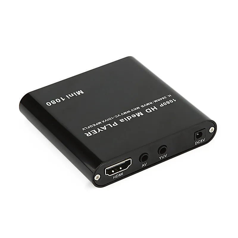 Compact black 1080P HDMI media player with USB and SD card slots
