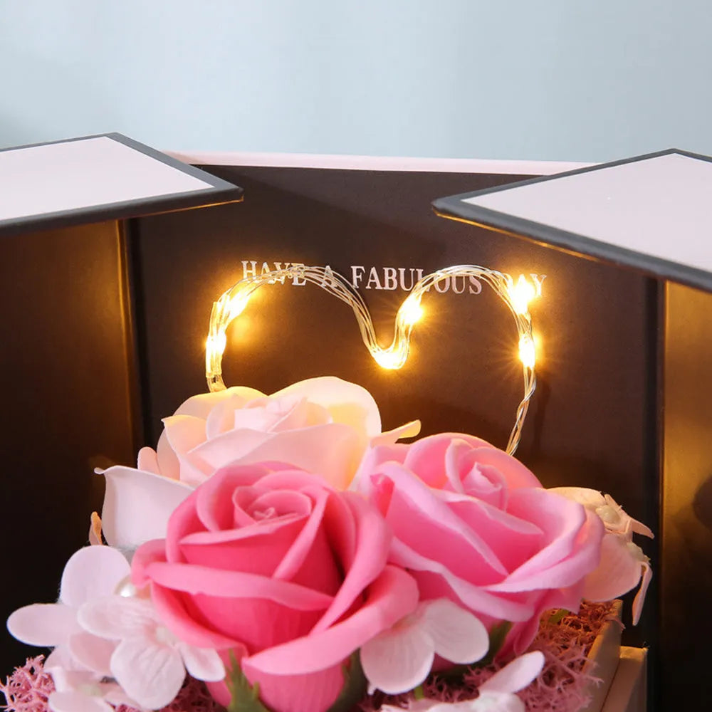 Pink lamp soap flower gift box with handmade rose for Christmas and Valentine's Day