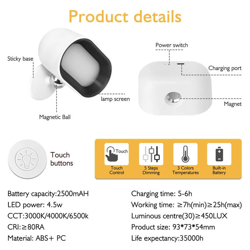 Oval-shaped white remote touch magnetic wall lamp stuck to a wall, showing remote control.