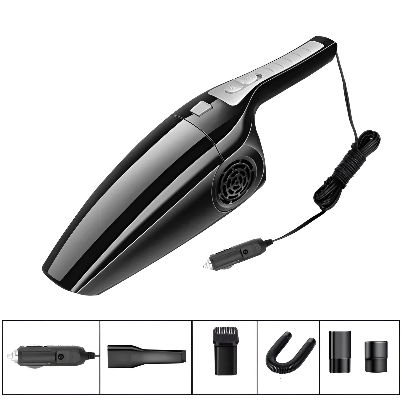 PoHigh Power Hypa eighth generation black and orange car vacuum cleaner with 12V plug.