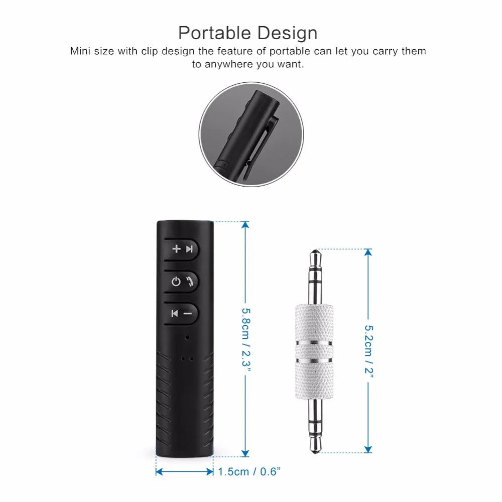 Black plastic Bluetooth car audio adapter with 3.5mm jack for wireless music streaming to car stereo