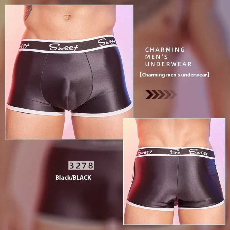 Men's silky nylon boxers in black, white, and blue colours with shiny finish