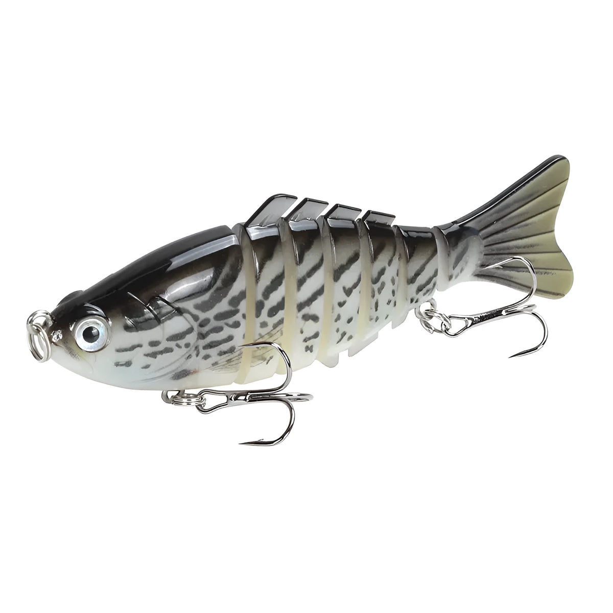 Plastic 7-section sea fishing lure with realistic 3D eyes and twin high carbon steel hooks, available in multiple colours