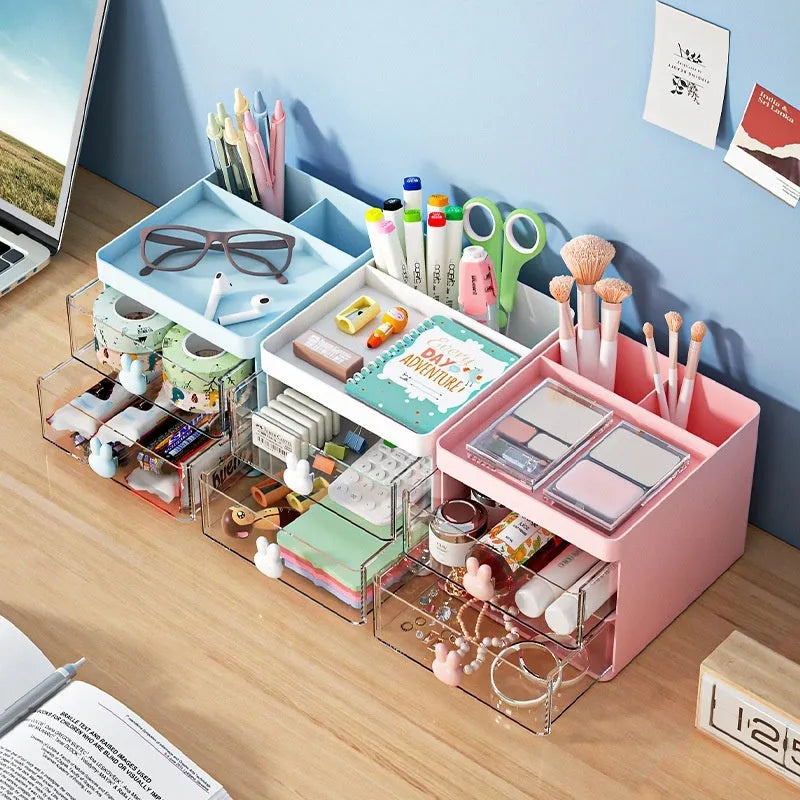 Transparent partitioned desktop storage box with grid inserts in cherry blossom pink colour