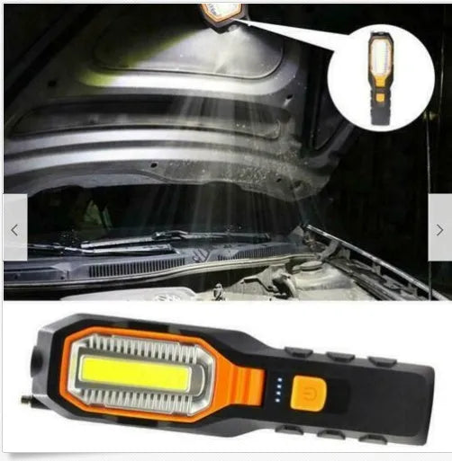 Multifunctional COB work light in ABS plastic housing with LED light, available as dry battery or rechargeable USB model
