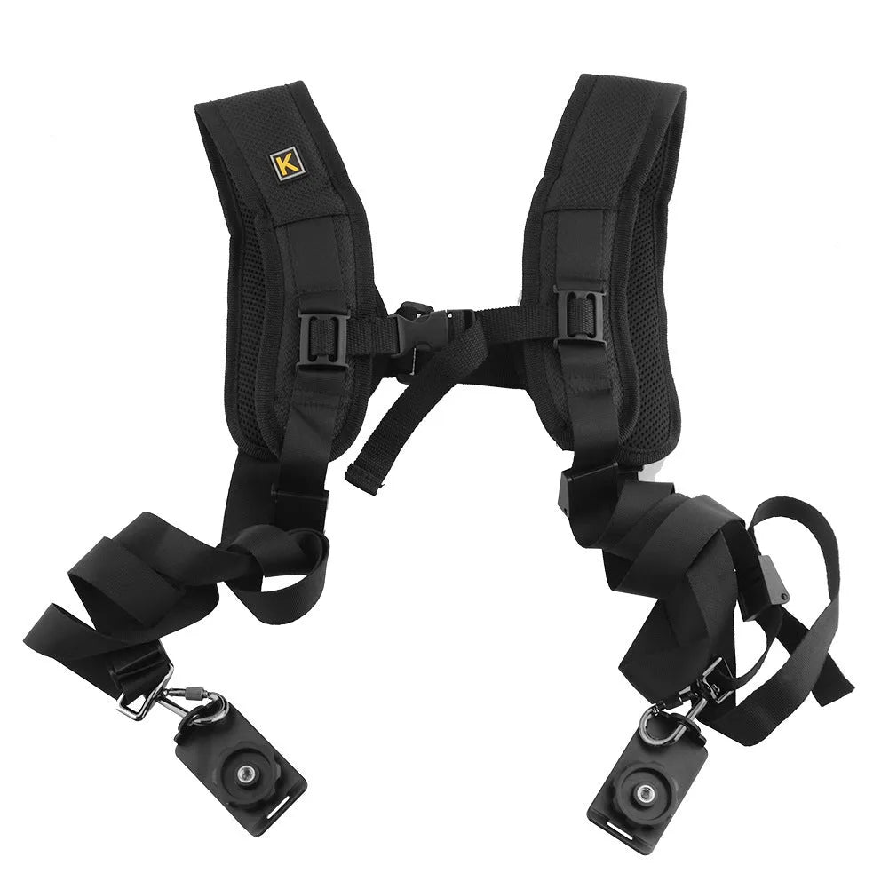 Black professional dual SLR camera shoulder strap with padded adjustable straps