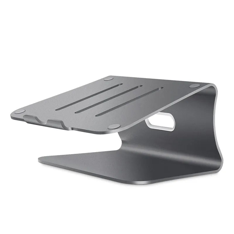 Silver aluminium laptop cooling stand with striped design on a wooden desk, rotated to show profile.