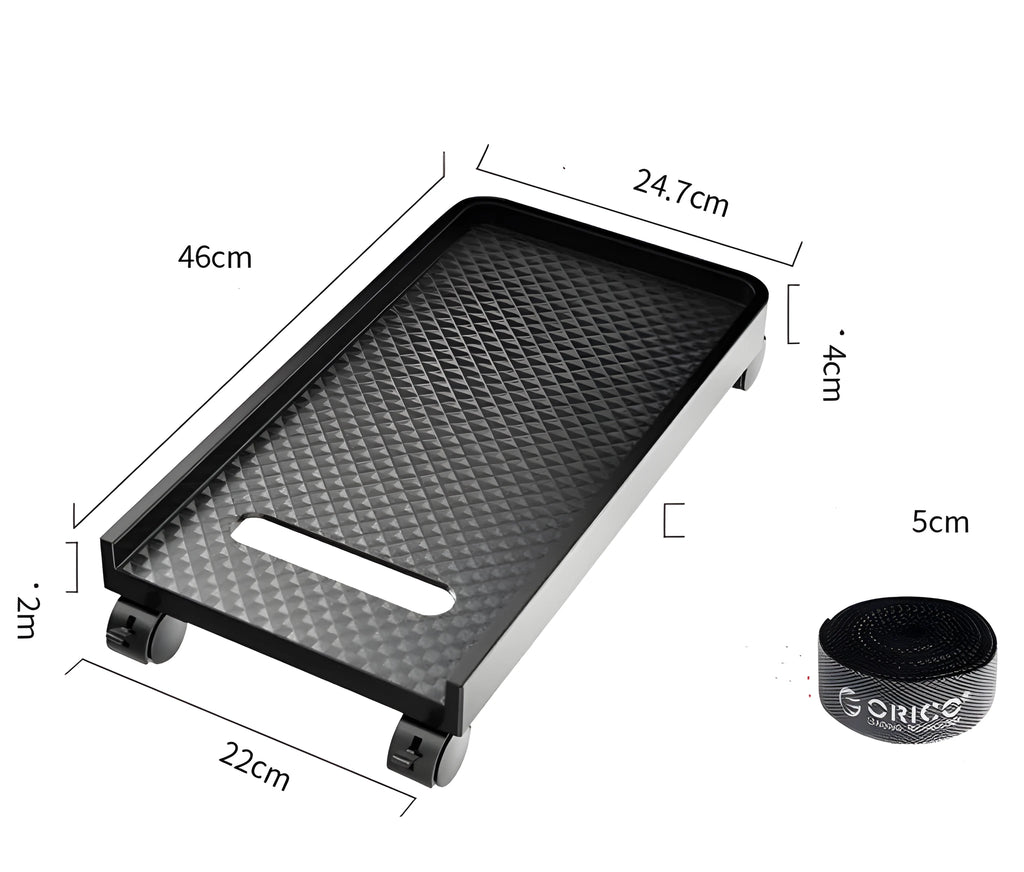 Orico black CPU floor stand with wheels on wooden floor, holding a PC tower vertically