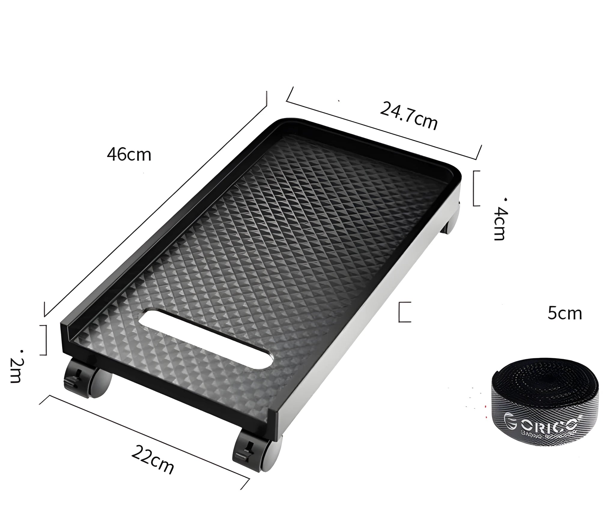 Orico black CPU floor stand with wheels on wooden floor, holding a PC tower vertically