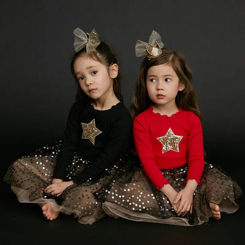 Red cotton children's Christmas dress with long princess sleeves, lace detailing, and bow accents for ages 3-8