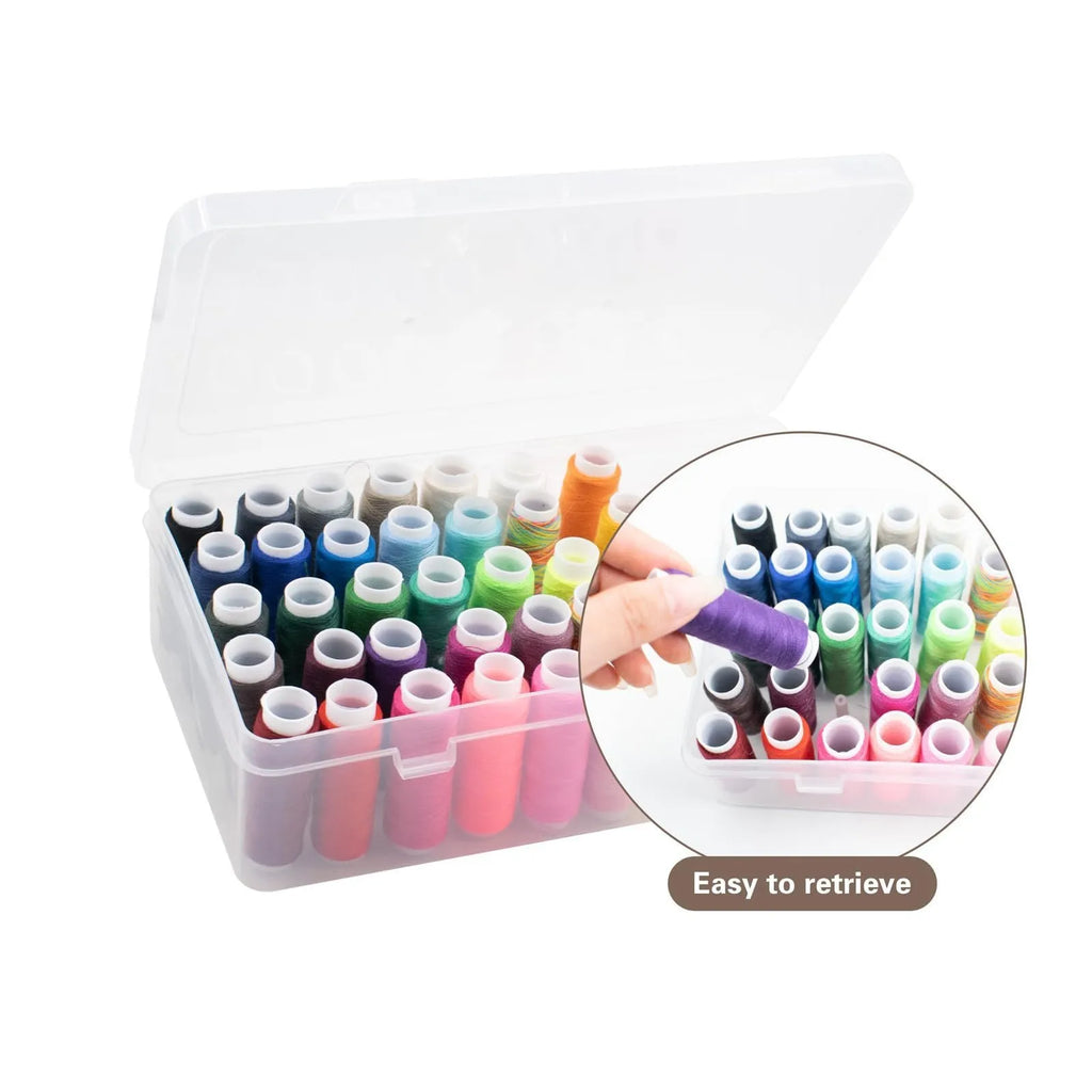 Plastic storage box with 42 compartments for organising embroidery threads and sewing kit accessories.