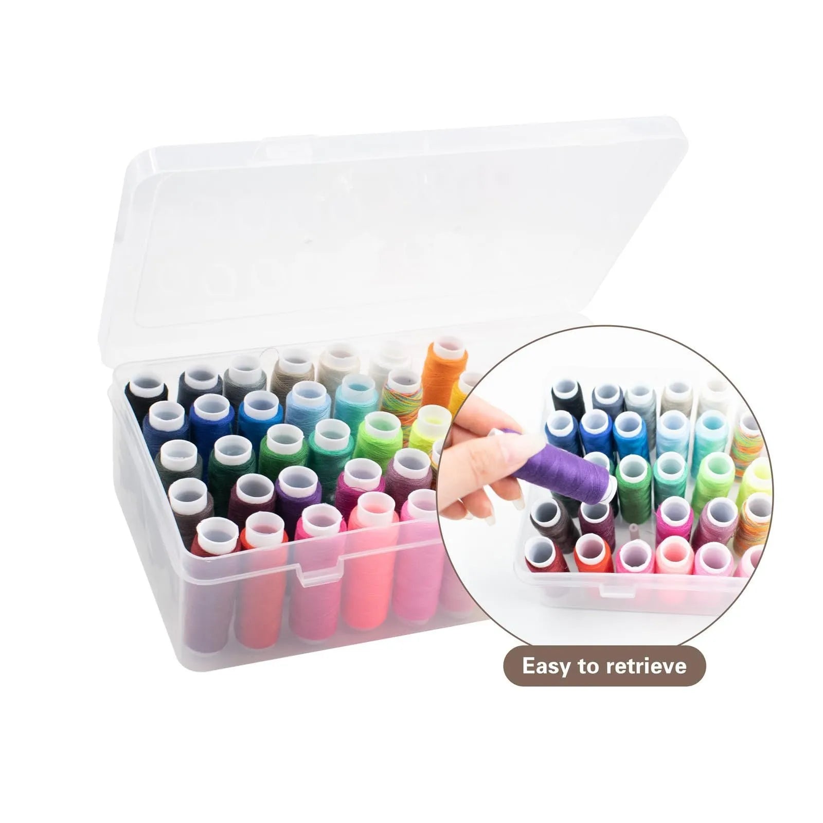 Plastic storage box with 42 compartments for organising embroidery threads and sewing kit accessories.