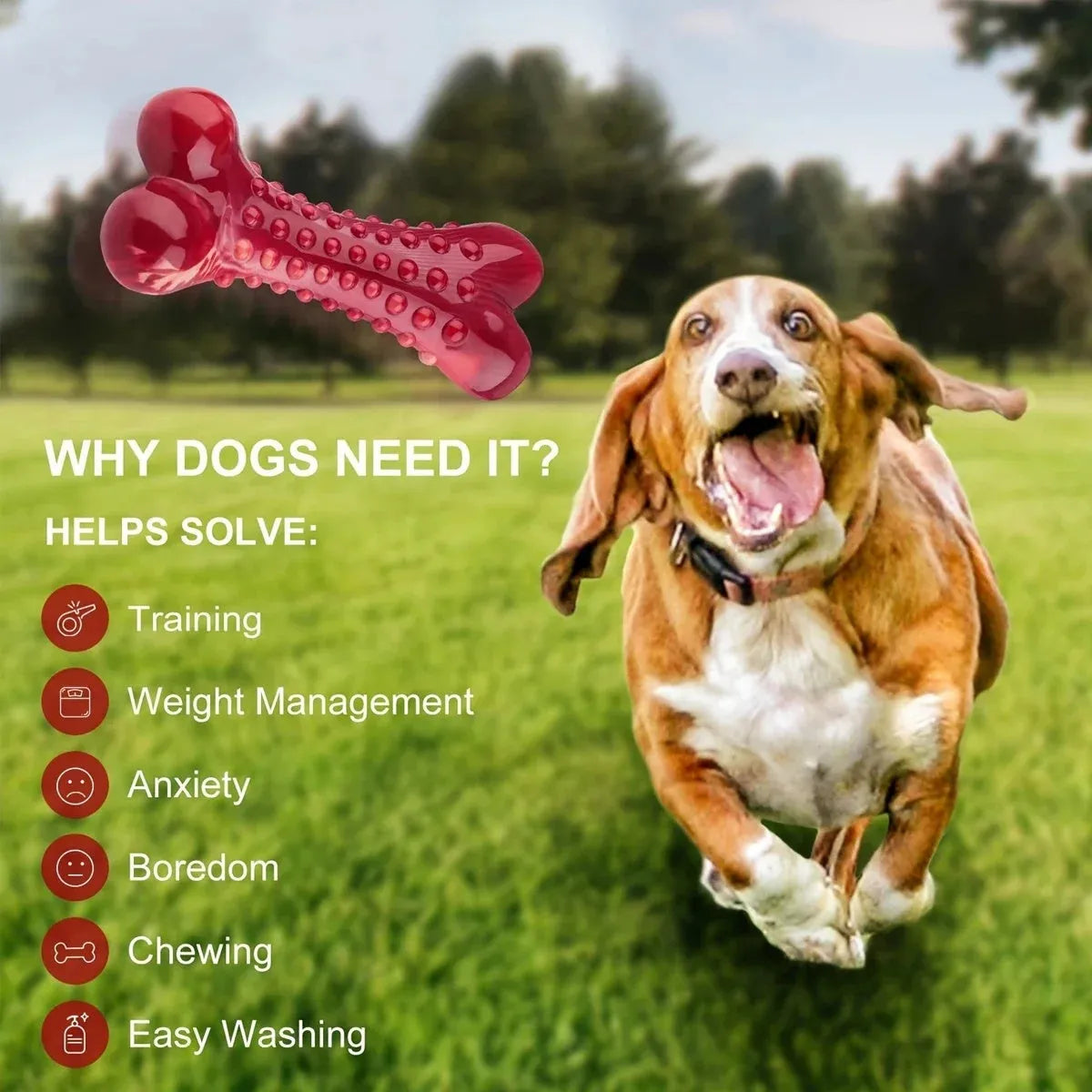 Red natural rubber chew toy for aggressive chewing dogs on wooden floor