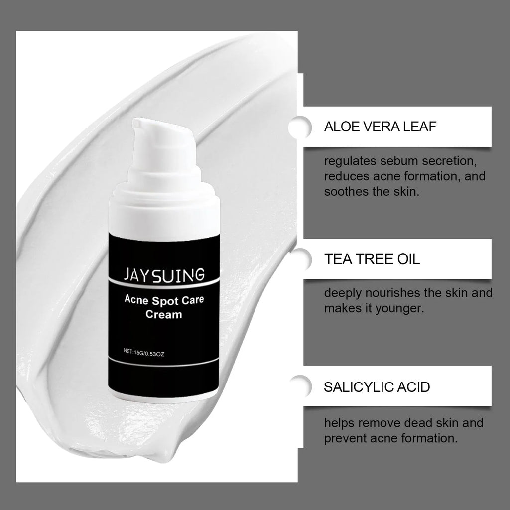 15g container of mild acne cream with tea tree oil and aloe for spot-prone skin