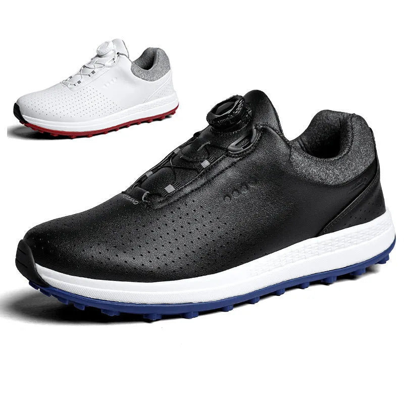 Men's white and black casual golf shoes with breathable design and broken nail non-slip sole pattern