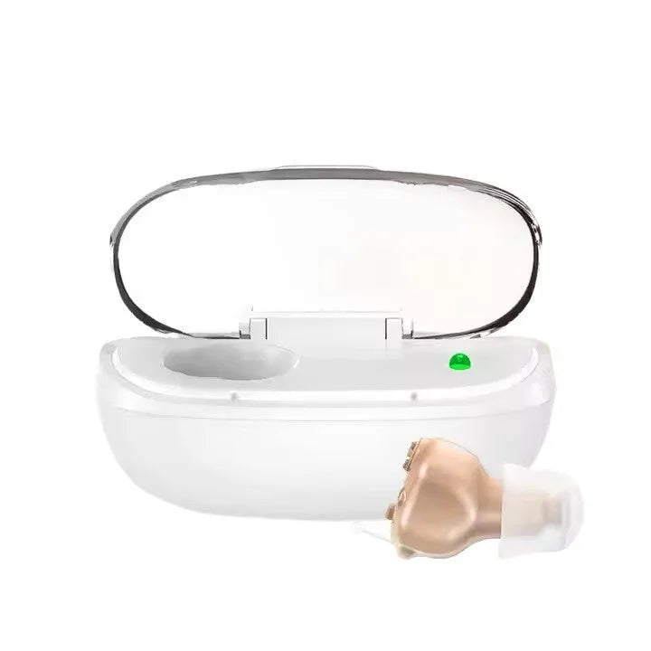 Invisible in-ear hearing aid with intelligent noise reduction, USB rechargeable, over 12 hours battery life