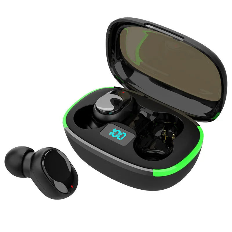 Black Y80 wireless Bluetooth in-ear earphones with digital display showing power level