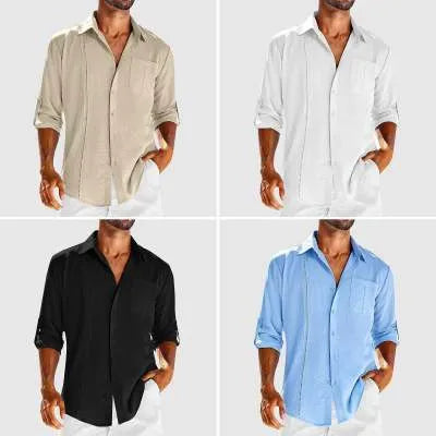 Men's long sleeve cotton blend shirt with polo collar and lace pocket detail in solid colour