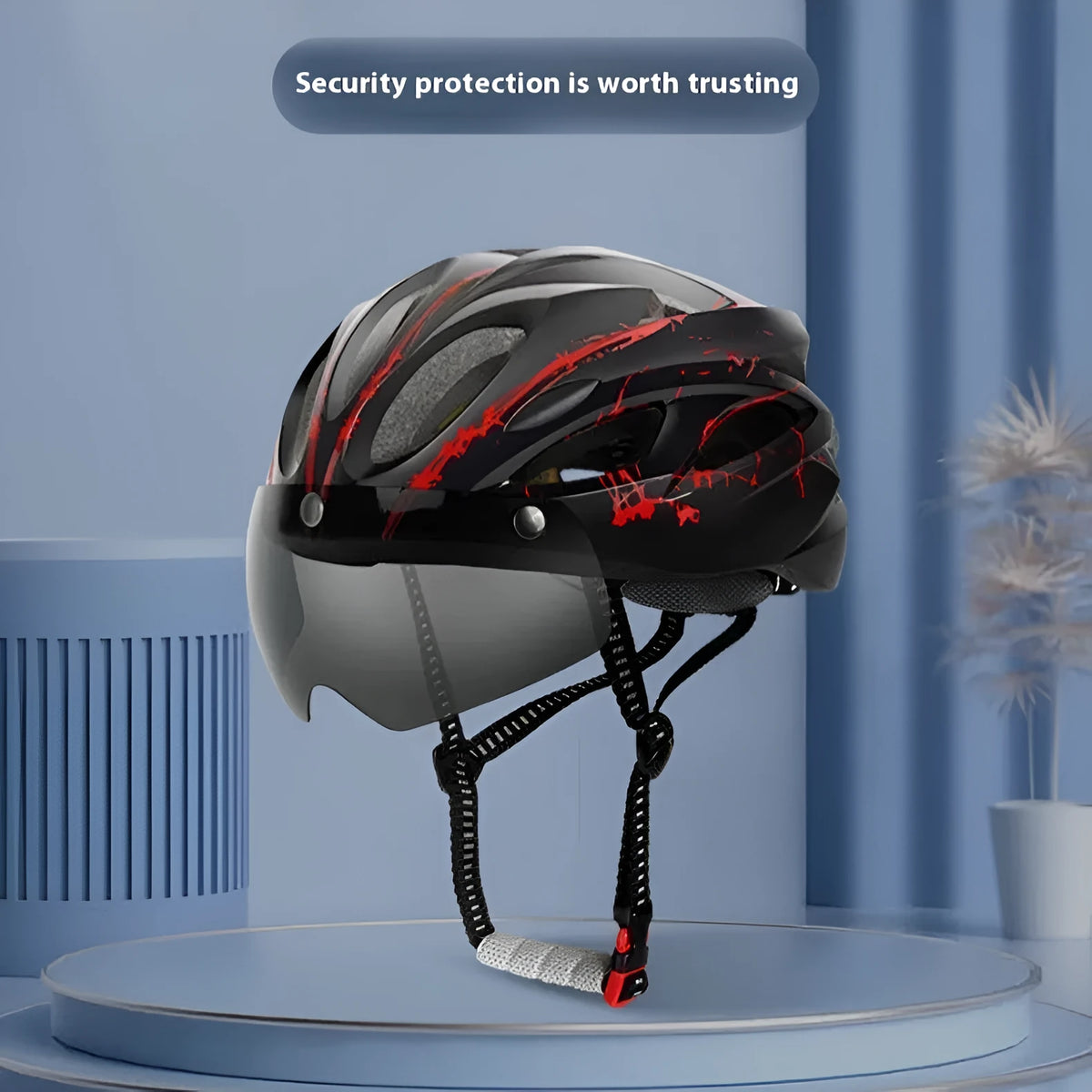 Bicycle riding protective helmet with goggles, EPS PC, size L 57-62cm, striped pattern, 18 colour options