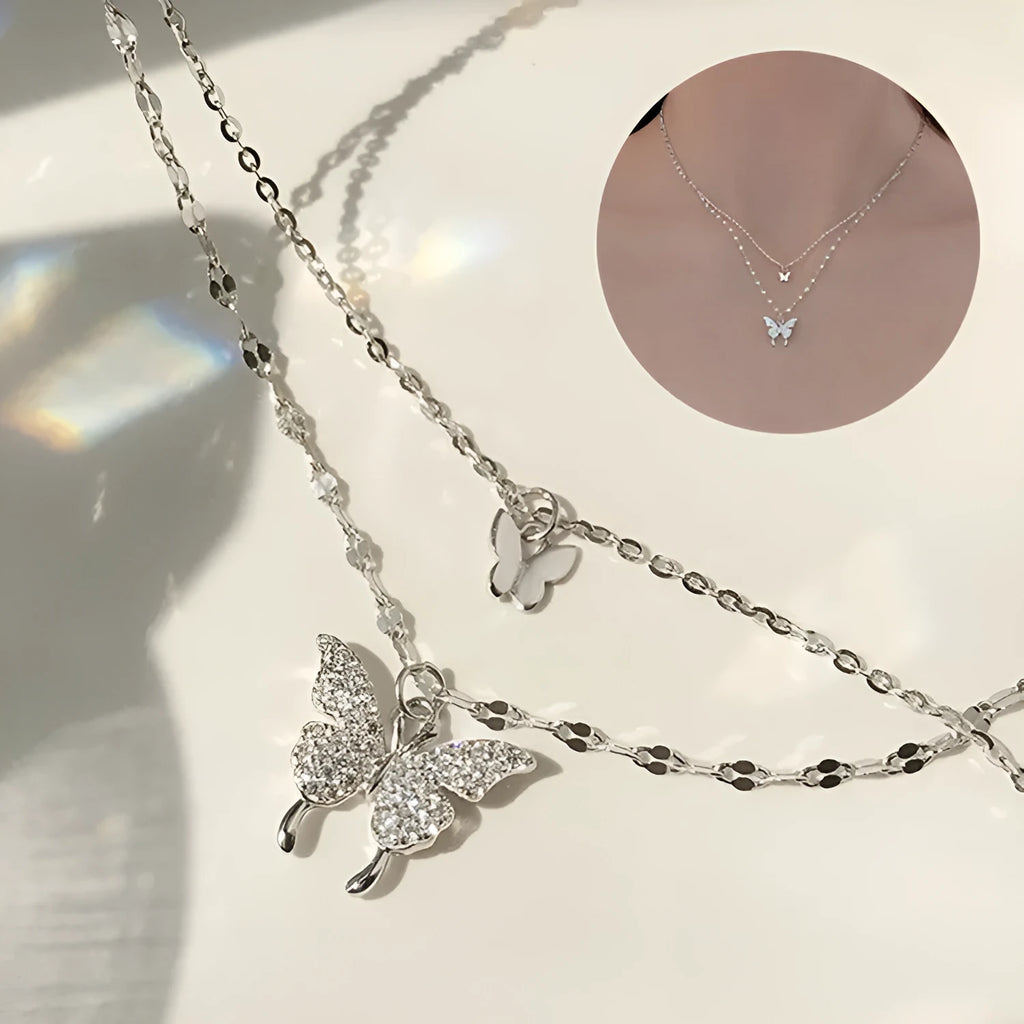Silver colour butterfly necklace with double layer clavicle chain and copper pendant