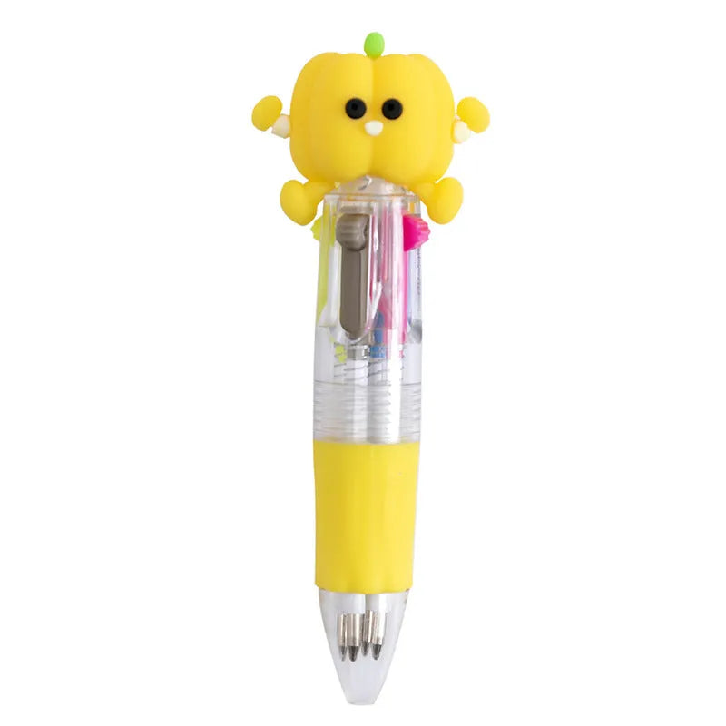 A four-colour ballpoint pen with a press top and a cute cartoon design on a silicone grip section.