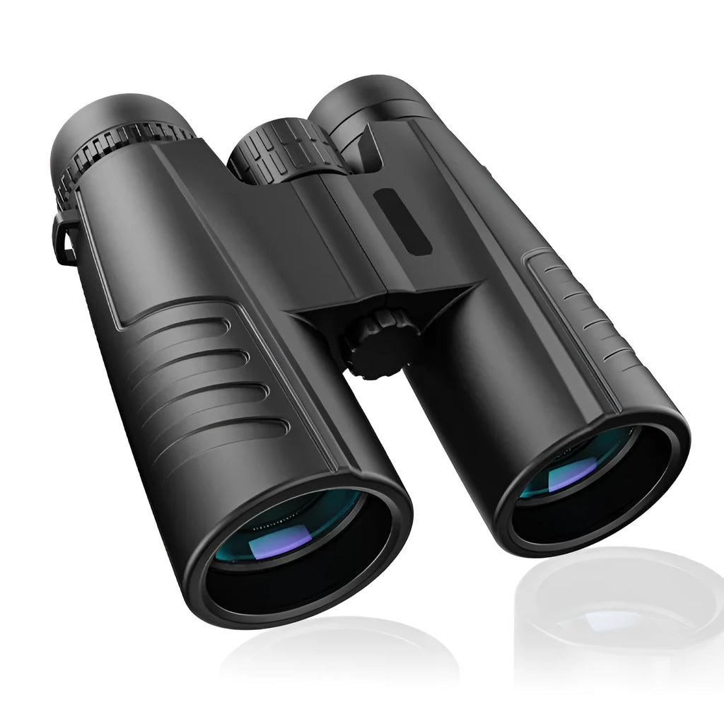 Black 12x42 binoculars with objective lenses and central focus wheel for outdoor sport use