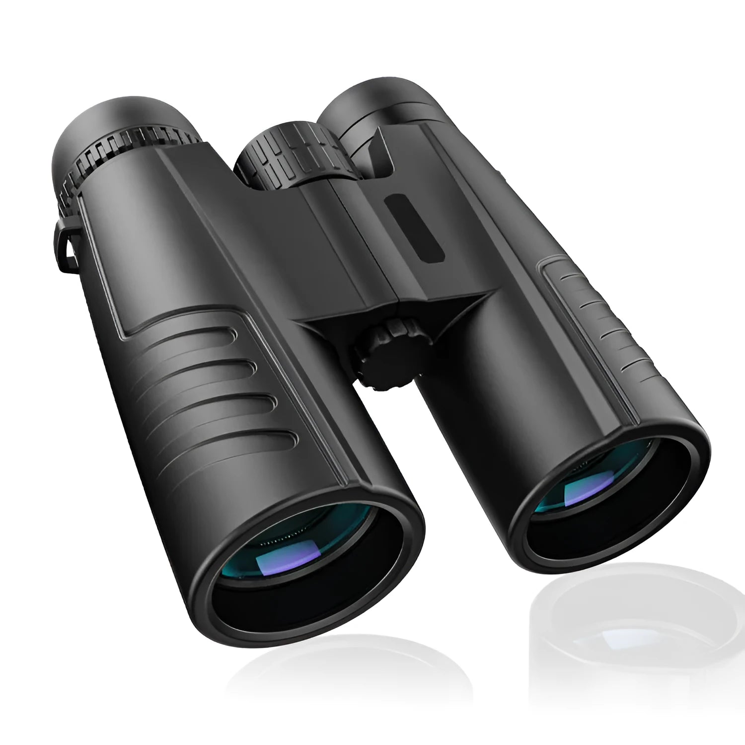 Black 12x42 binoculars with objective lenses and central focus wheel for outdoor sport use