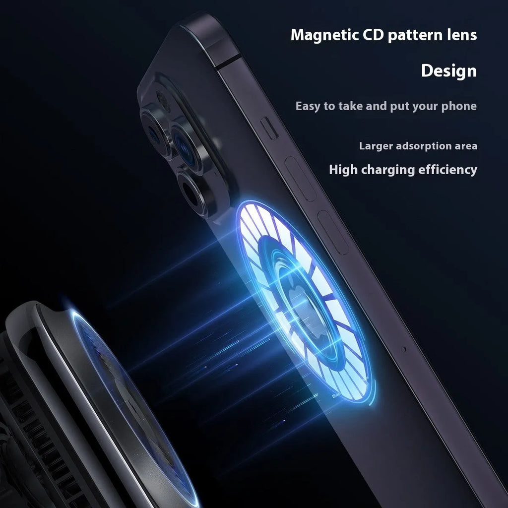 S16 black magnetic car wireless charger with semiconductor cooling, electroplated frame, and CD lens surface