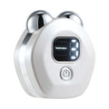 Portable light blue micro current double-roller facial massage instrument with hot compress function.