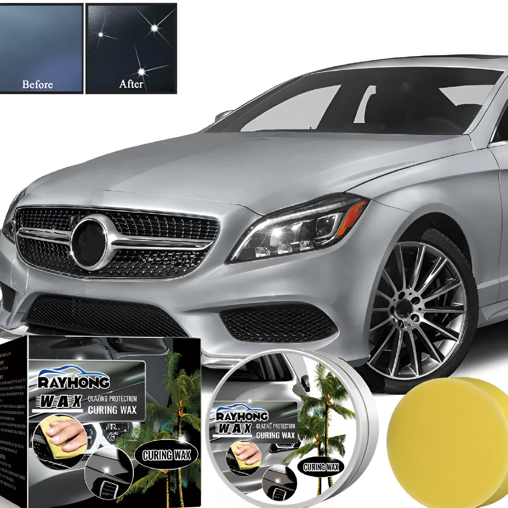 Car coating wax block and sponge applicator for paint protection and cleaning.