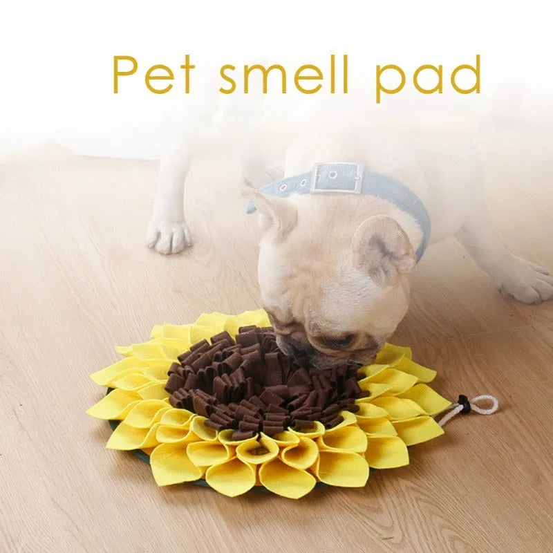 Yellow sunflower-shaped dog snuffle mat for slow feeding and nosework training